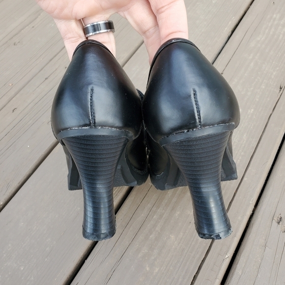 Vintage 90s y2k Bratz Black Faux Vegan Leather Horsebit Vamp Moc Toe Chunky Heel - Picture 5 of 8